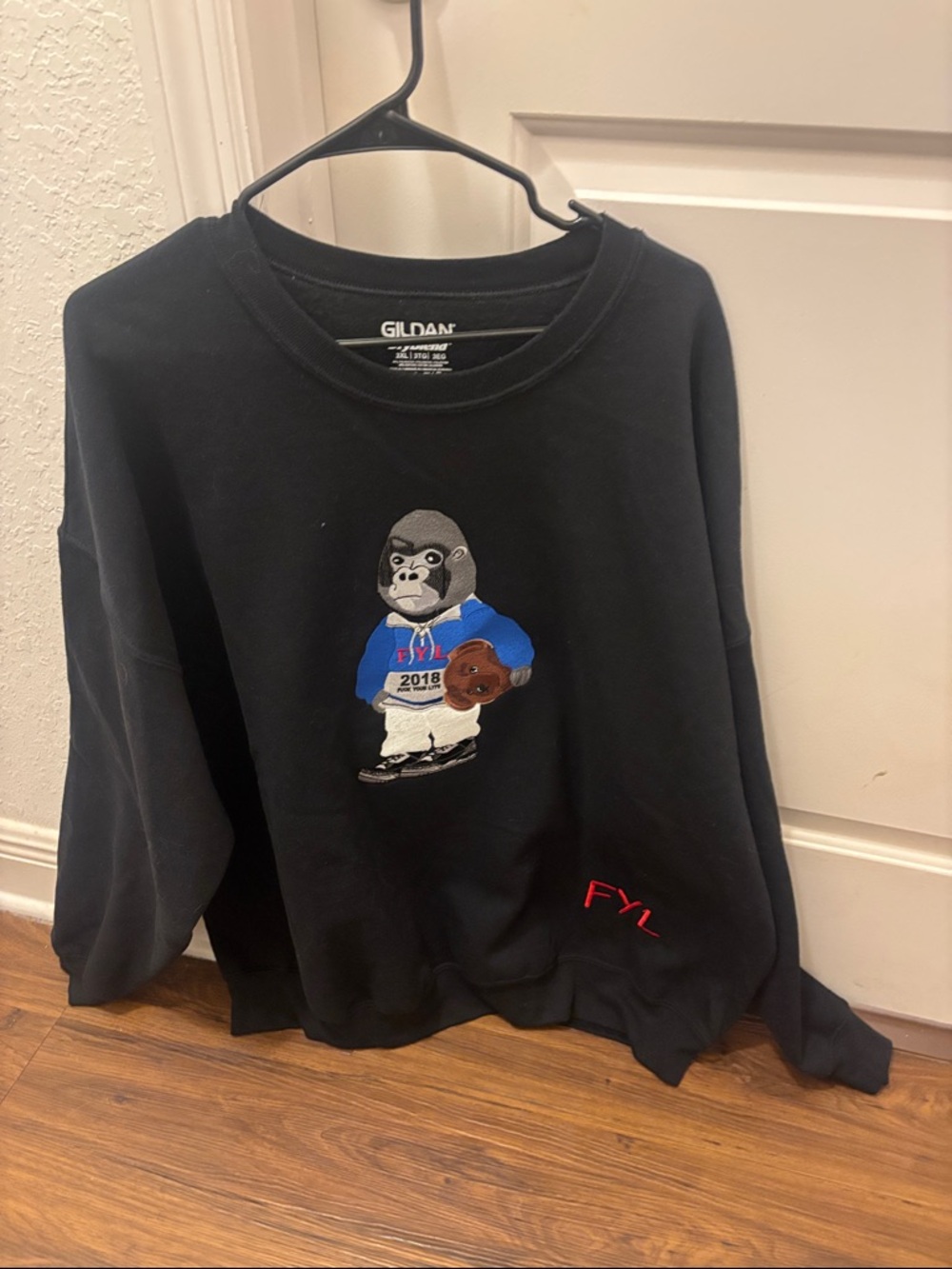 Gildan Black Crewneck Sweatshirt with Embroidered Gorilla Graphic